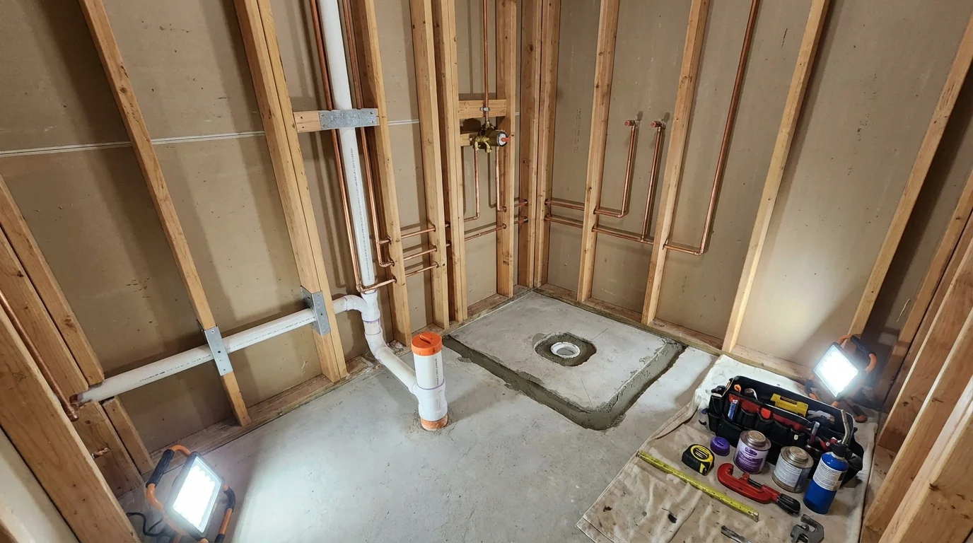 Bathroom rough-in plumbing during remodel by Johns Plumbing LLC in Chelmsford
