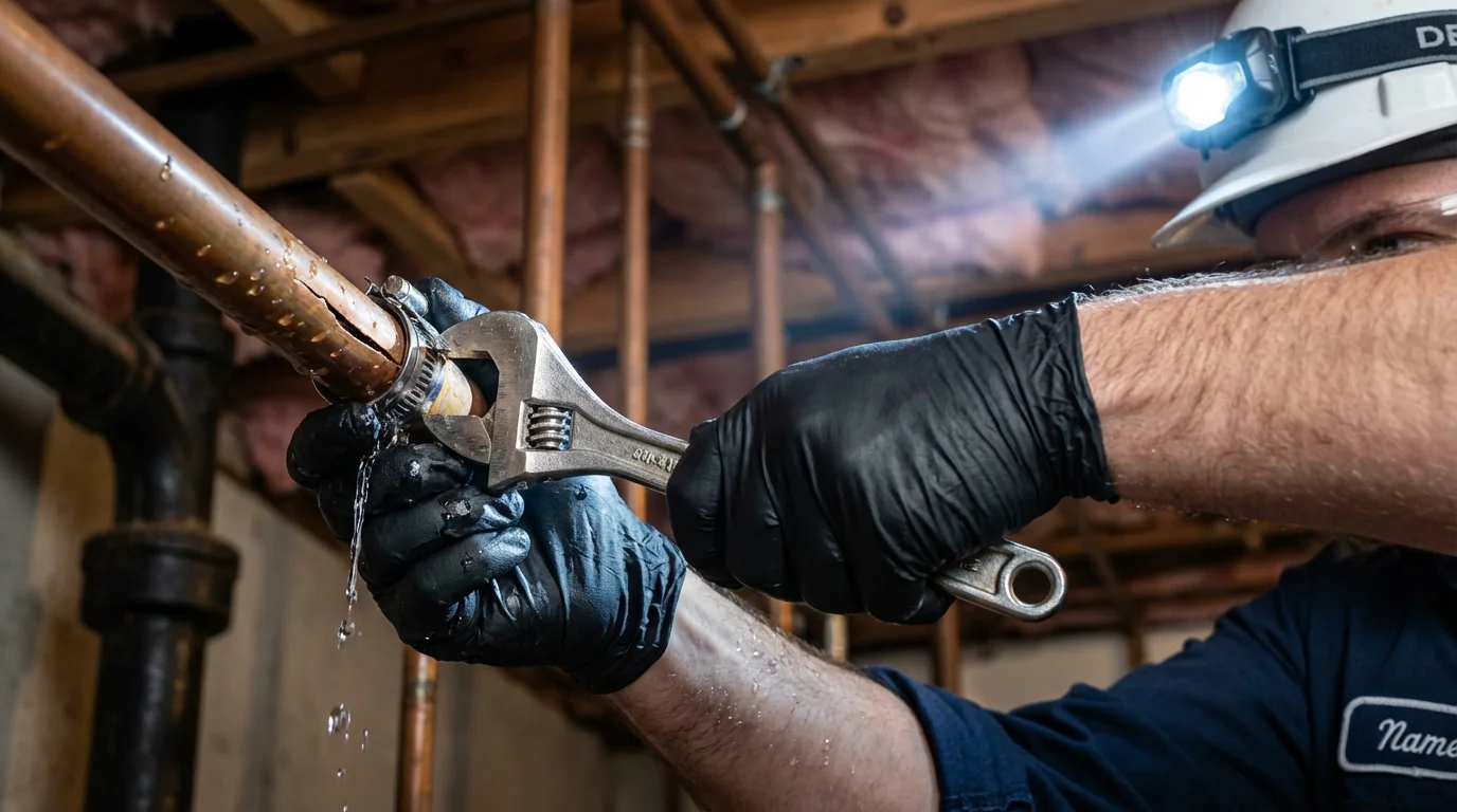 Emergency pipe clamp repair being performed by a Johns Plumbing LLC plumber in Chelmsford
