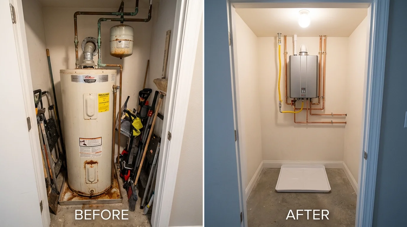 Tank water heater versus wall-mounted tankless unit comparison for Chelmsford, MA homeowners