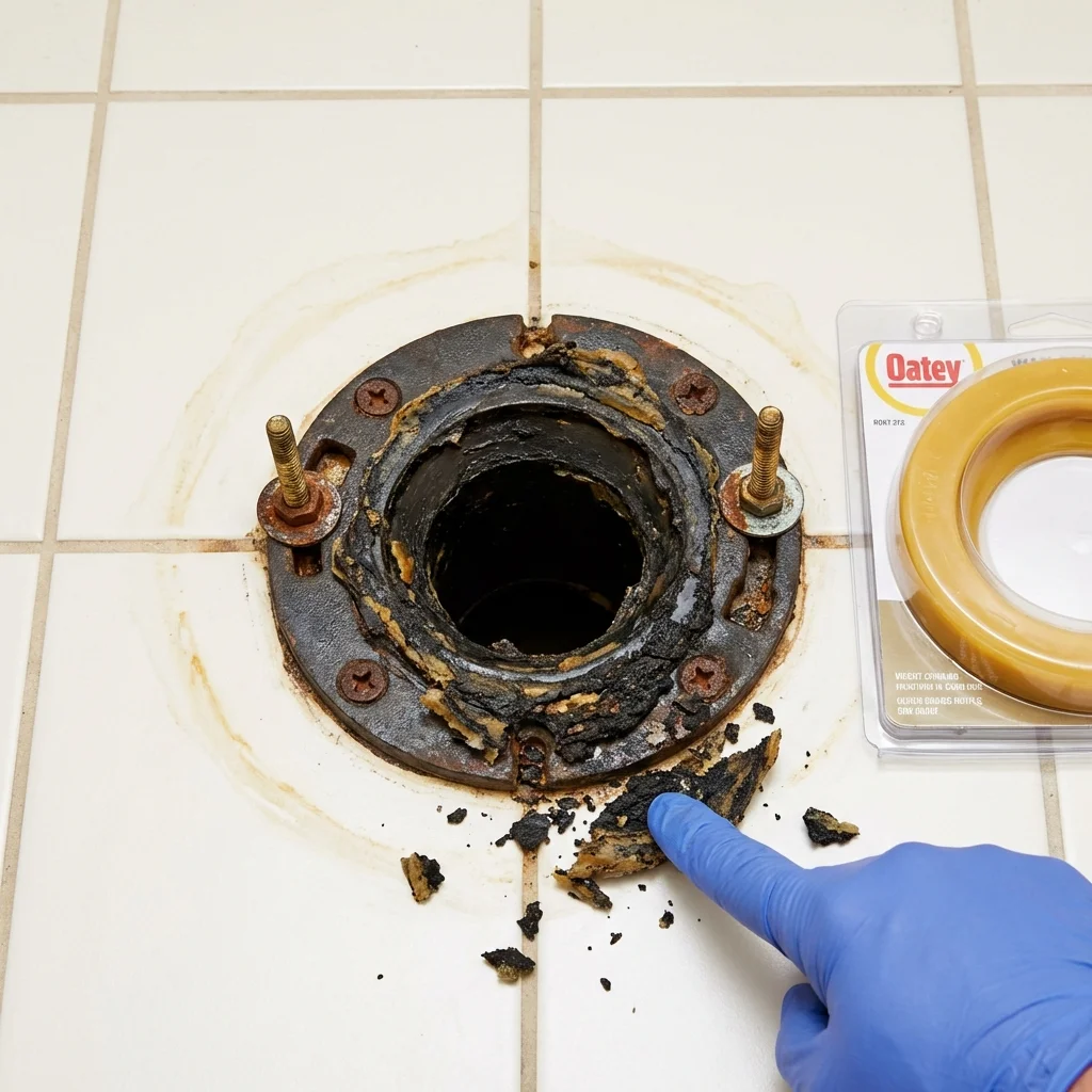 Failed wax ring showing water seepage at the base of a toilet in a Chelmsford, MA home
