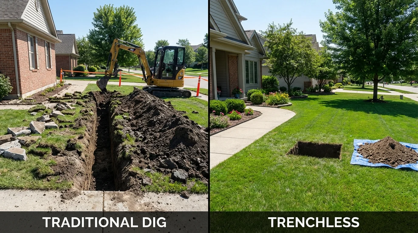Trenchless sewer repair with minimal yard damage versus traditional excavation in Chelmsford, MA