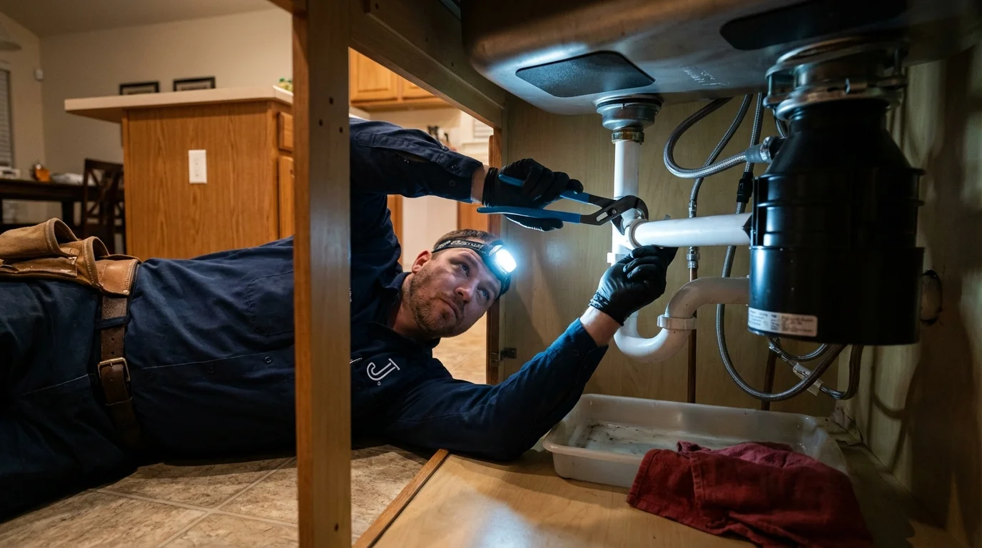 P-trap and supply line connections under a kitchen sink showing a common leak point in Chelmsford, MA